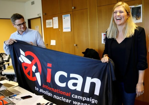 eatrice Fihn, Executive Director of the International Campaign to Abolish Nuclear Weapons (ICAN) and Daniel Hogsta, coordinator, celebrate in Geneva after winning the Nobel Peace Prize CREDIT: DENIS BALIBOUSE/REUTERS