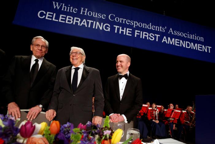 Former Washington Post reporters Bob Woodward (L-R) and Carl Bernstein stand with White House Correspondents